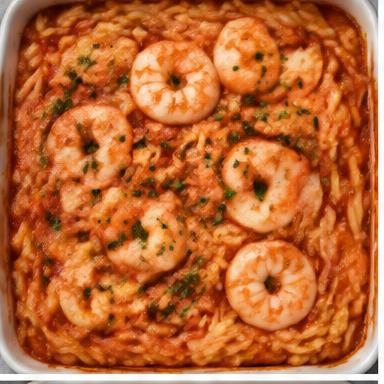 Illustrative shrimp & tomato orzo bake in a baking dish