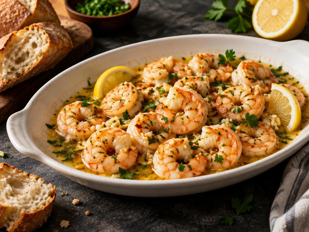 Illustrative shrimp scampi in lemon garlic butter with parsley
