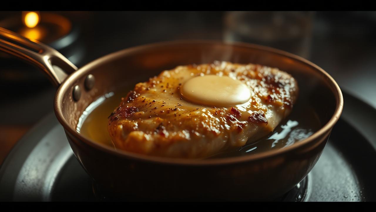 Chicken breast cooking in bubbling butter in a small copper pan