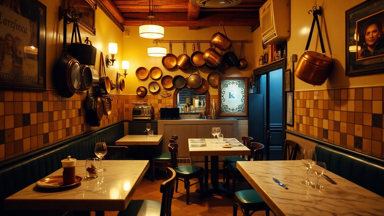 Small Florentine trattoria with marble communal tables and hanging copper pans