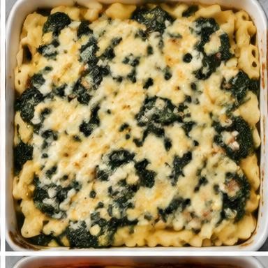 Illustrative spinach & ricotta pasta bake in a baking dish