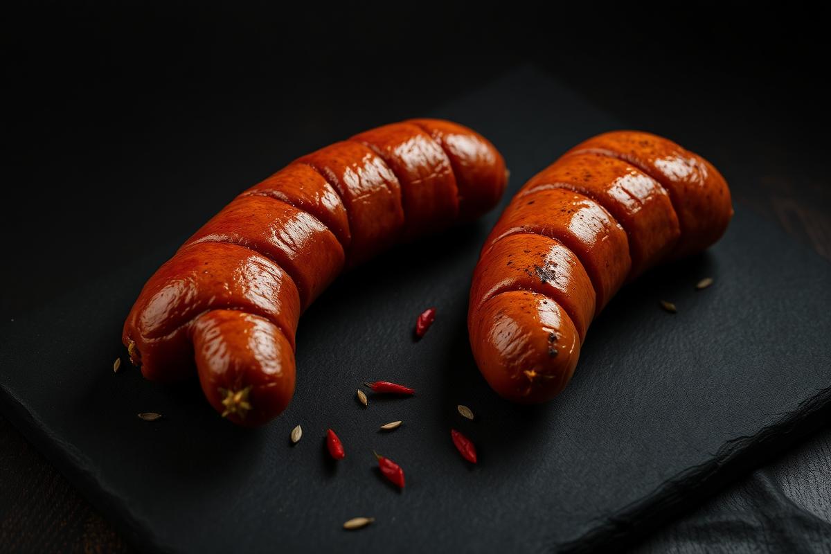 Sweet and hot Italian sausage links side by side on a dark slate board with fennel seed and chili flakes