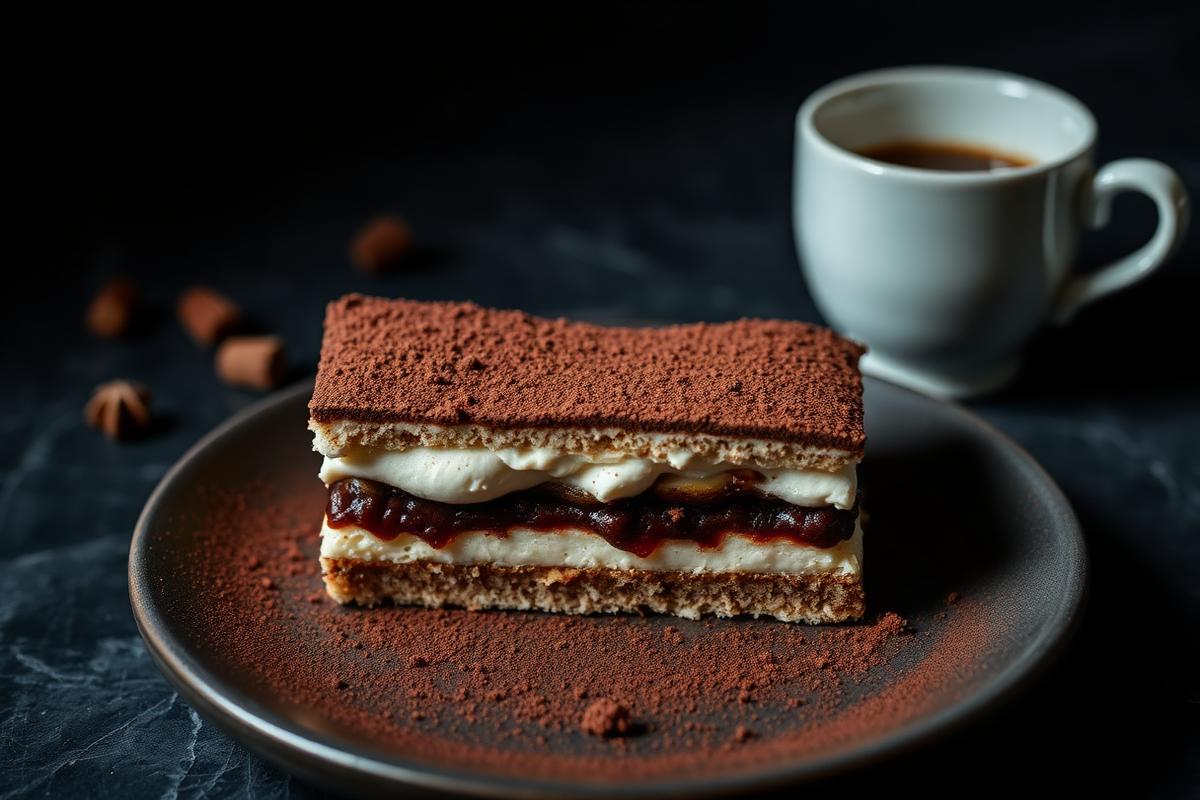 Slice of tiramisu with cocoa dusting and mascarpone layers