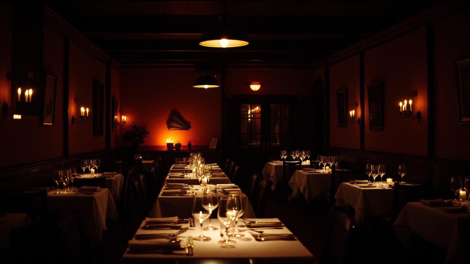 Candlelit Italian trattoria dining room at night