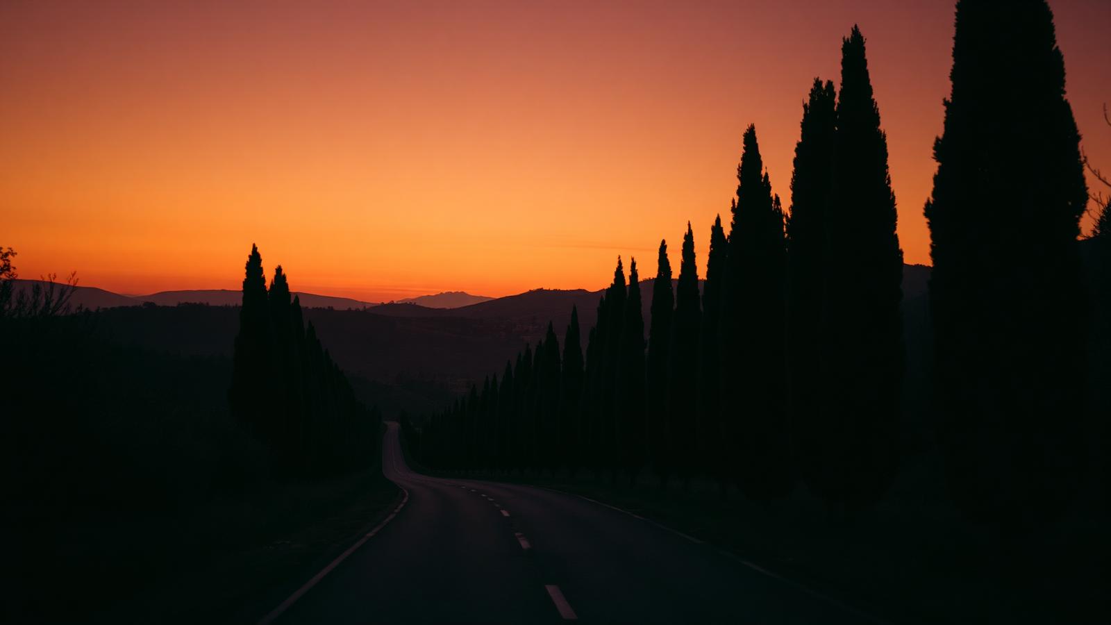 Cypress-lined Tuscan road at sunset