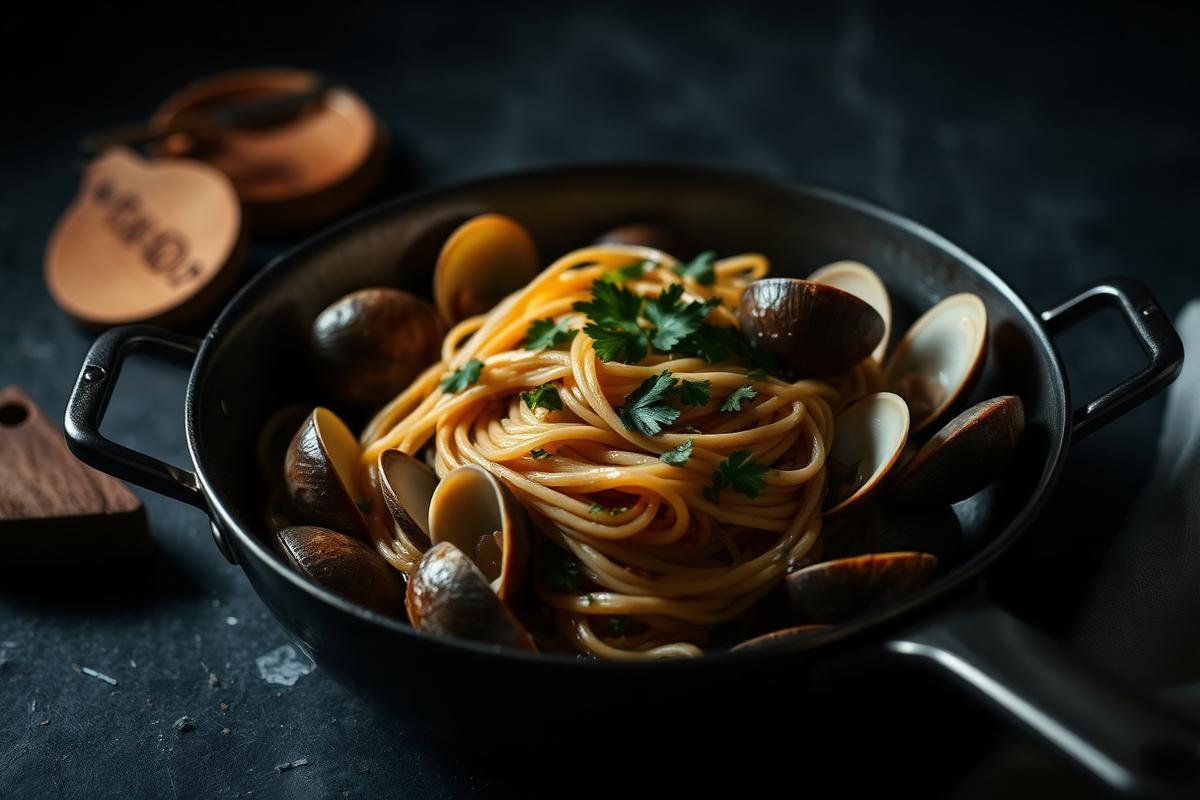 Spaghetti alle vongole with clams and parsley in a skillet