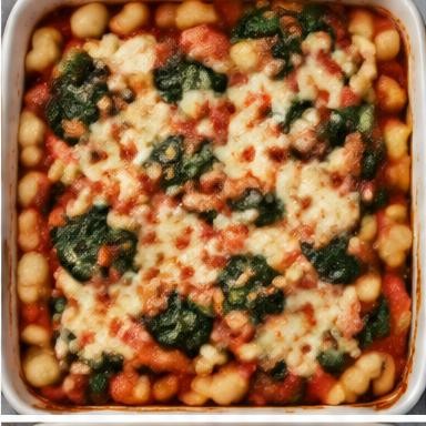 Illustrative white bean & spinach bake in a baking dish