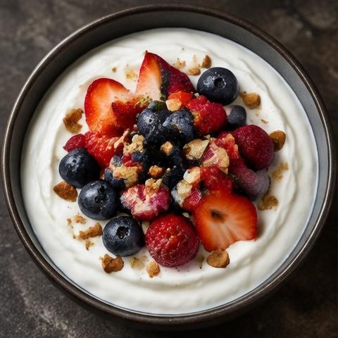 Illustrative yogurt, berries & almond breakfast